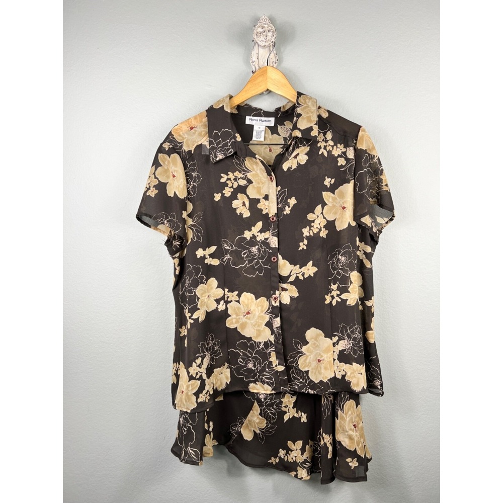 Rena Rowan Skirt Set Womens 18 Brown Floral Chiffon 2‎ Piece Blouse Midi Skirt